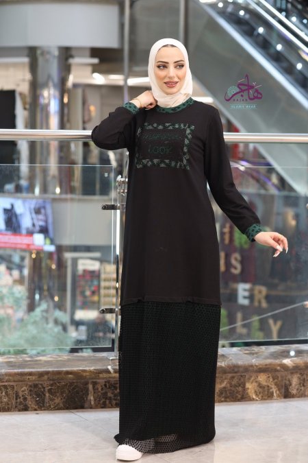 فستان سبور شتوي  - أسود مع اخضر