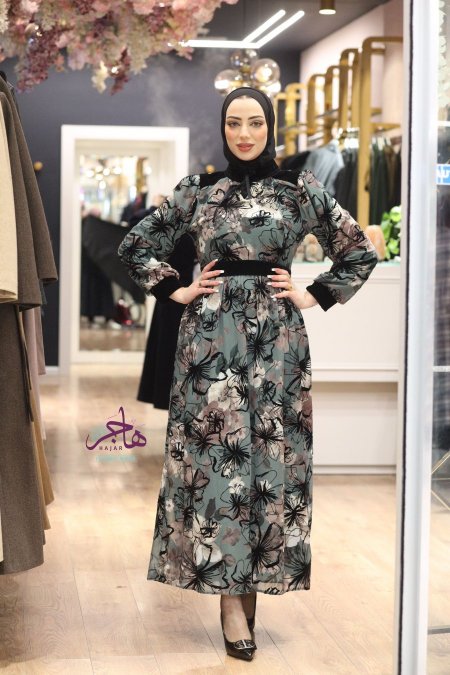 فستان خريفي مميز  - فيروزي